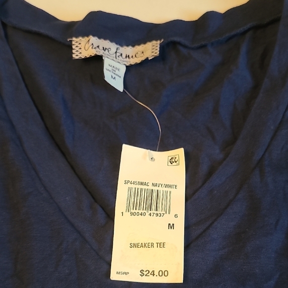 Crave Fame Navy Blue V-Neck Juniors Women's Sneaker Tee Medium NWT White Stripes - Picture 3 of 8